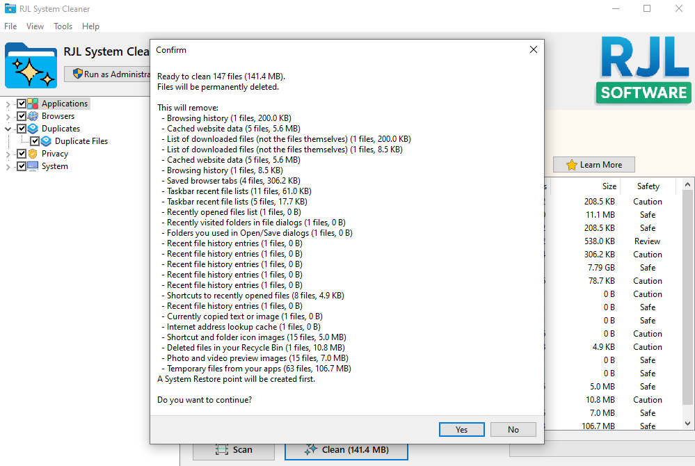 RJL System Cleaner pre-clean confirmation dialog listing every category about to be permanently deleted with exact file counts and sizes -- browsing history, cached data, saved tabs, taskbar lists, thumbnail images, and temp files -- followed by a Do you want to continue prompt
